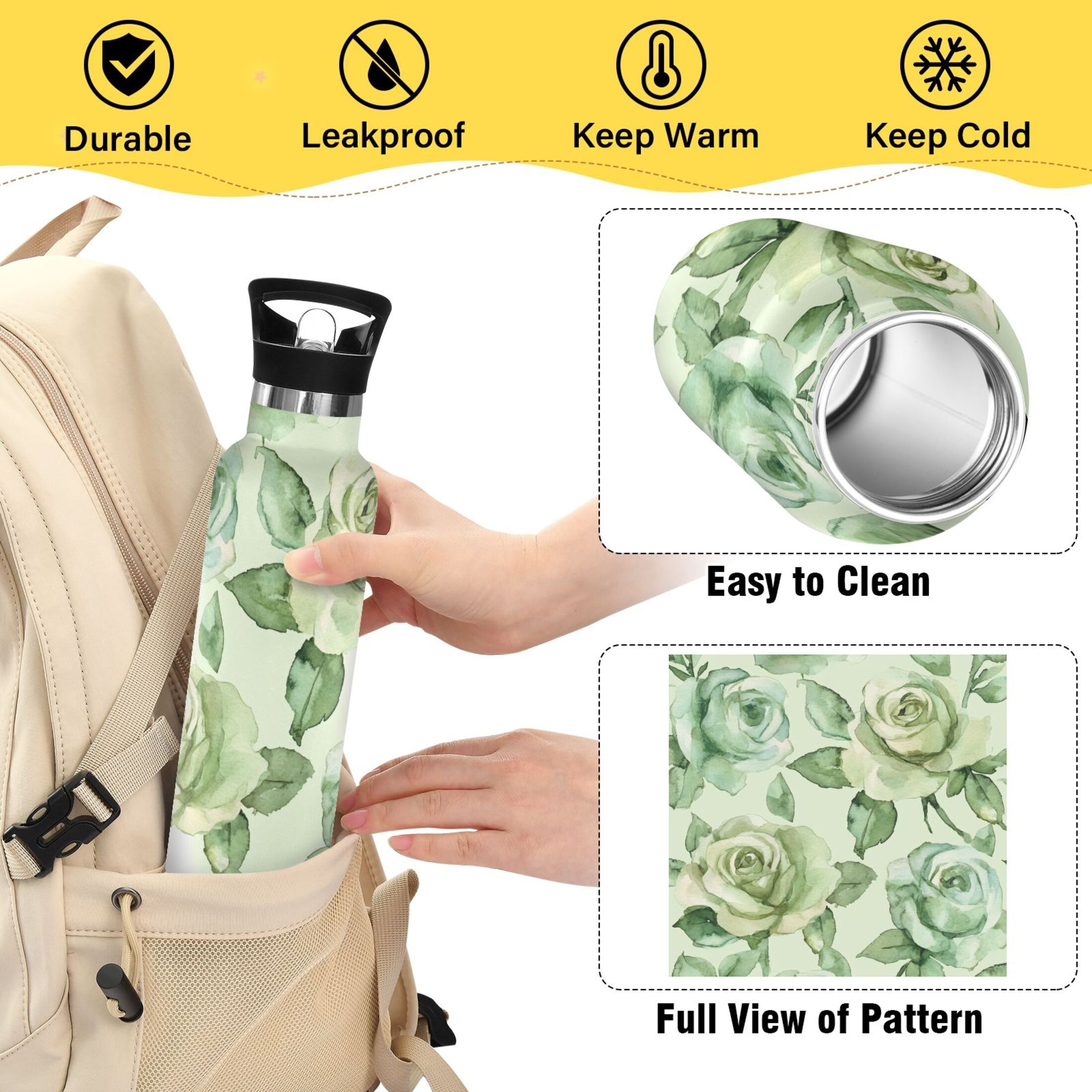 600ML Stainless Steel Insulated Cup Sports Water Bottle Portable Thermos Cup Water Glasses Insulated Tumblers Convenient and Durable Green Roses