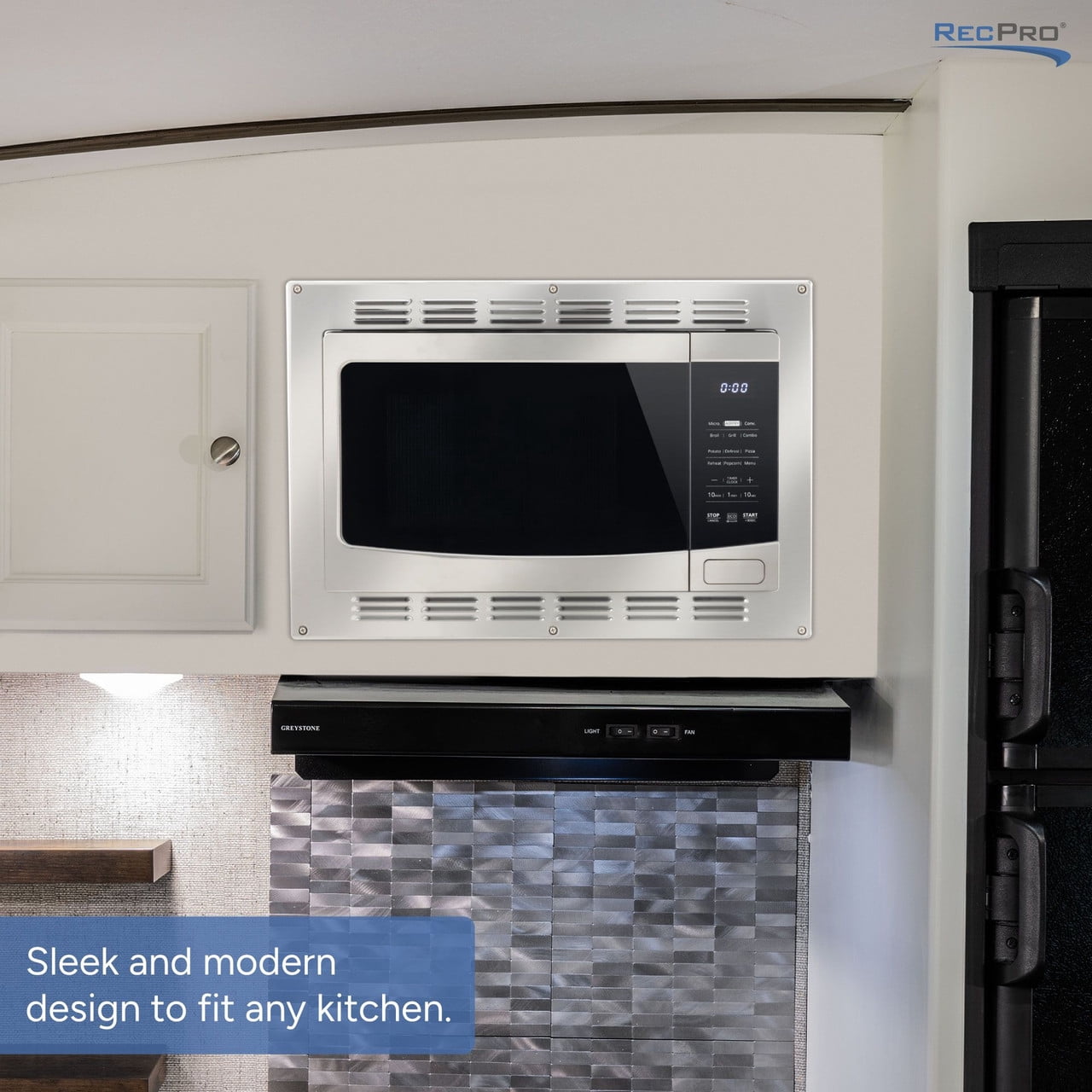 RecPro RV Kitchen Air Fryer & Convection Microwave with Trim Kit | 1.0 Cu. Ft. | 120V | 6 Cooking Modes (Stainless Steel)