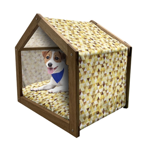 Abstract Pet House, Triangle Pattern with Rhombus Shape Geometric Funky Shapes Vintage Art, Outdoor & Indoor Portable Dog Kennel with Pillow and Cover, 5 Sizes, Yellow Brown White, by Ambesonne