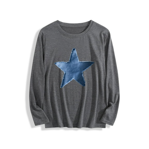 Women's Casual Long Sleeve T-Shirt with Blue Star Print - Relaxed Fit Round Neck Machine Washable All-Season Top, Ladies T Shirts Allseason Clothing Comfortable Wear