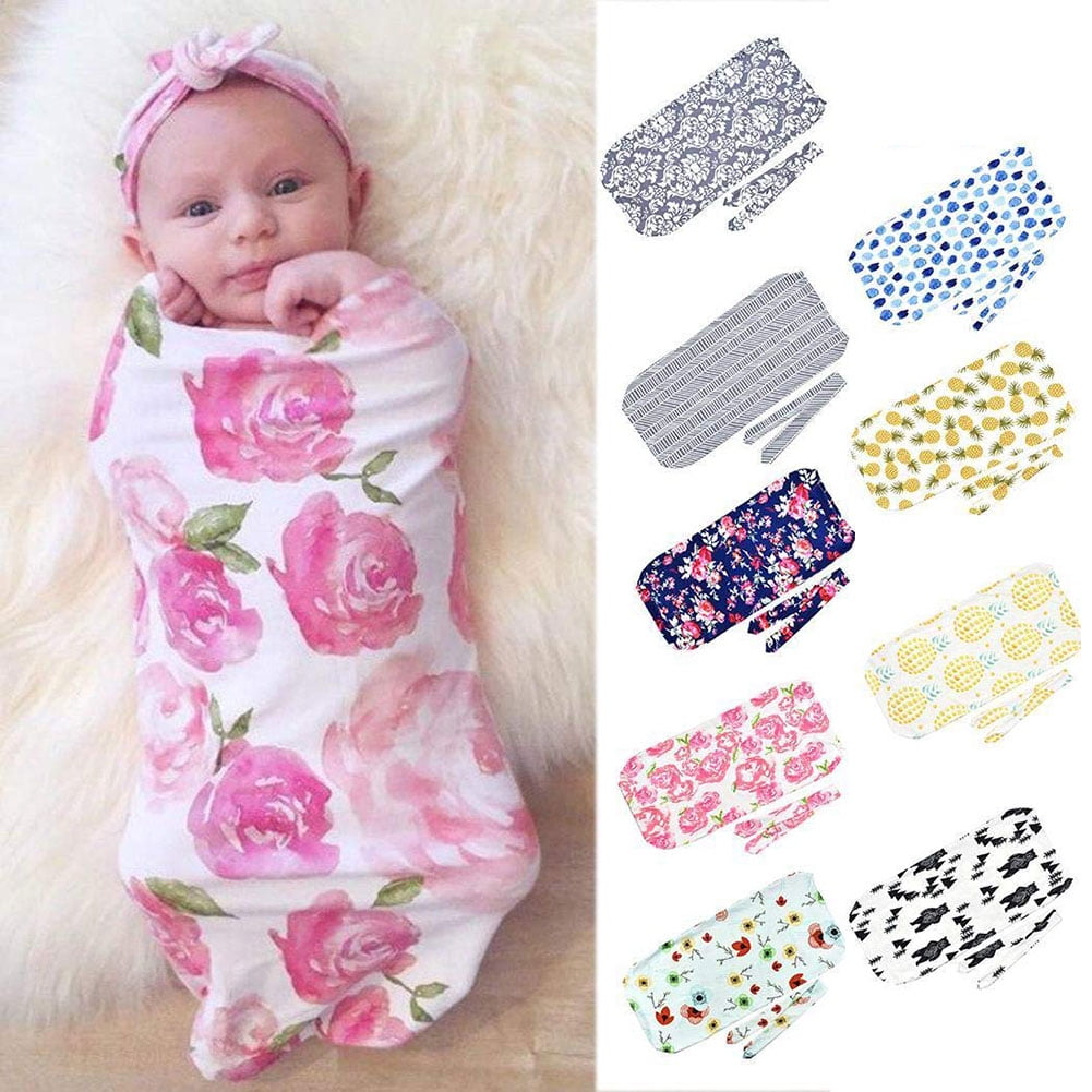 2x Newborn Photography Prop Baby Blankets Sleeping Swaddle Muslin Wrap Headband 