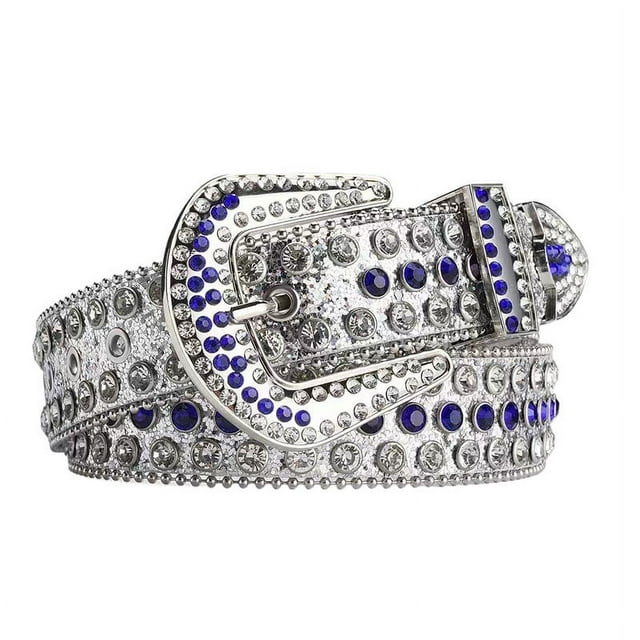 Nvzi Cinturón de diamantes de imitación para hombres y mujeres, cinturón de cuero con brillantes para vaqueros (blanco y azul)