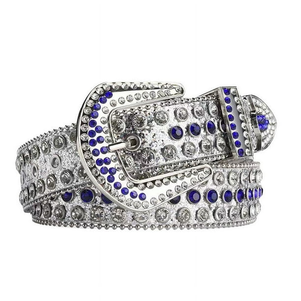 Zhuge Cinturón de diamantes de imitación para hombres y mujeres, cinturón de cuero con brillantes para vaqueros (blanco y azul)