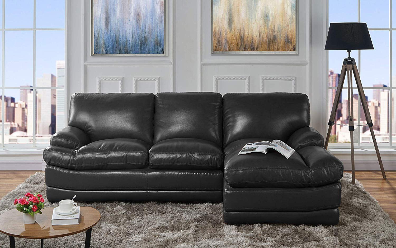 black leather sofa with chaise lounge