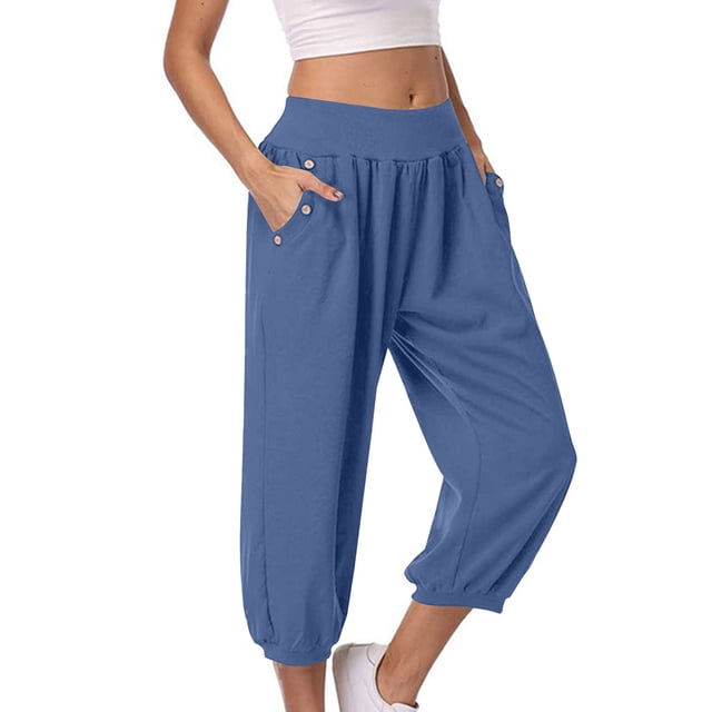 Pantalons Décontractés pour Femmes, Capris d'Été Taille Haute Extensibles avec Poches, Bleu m