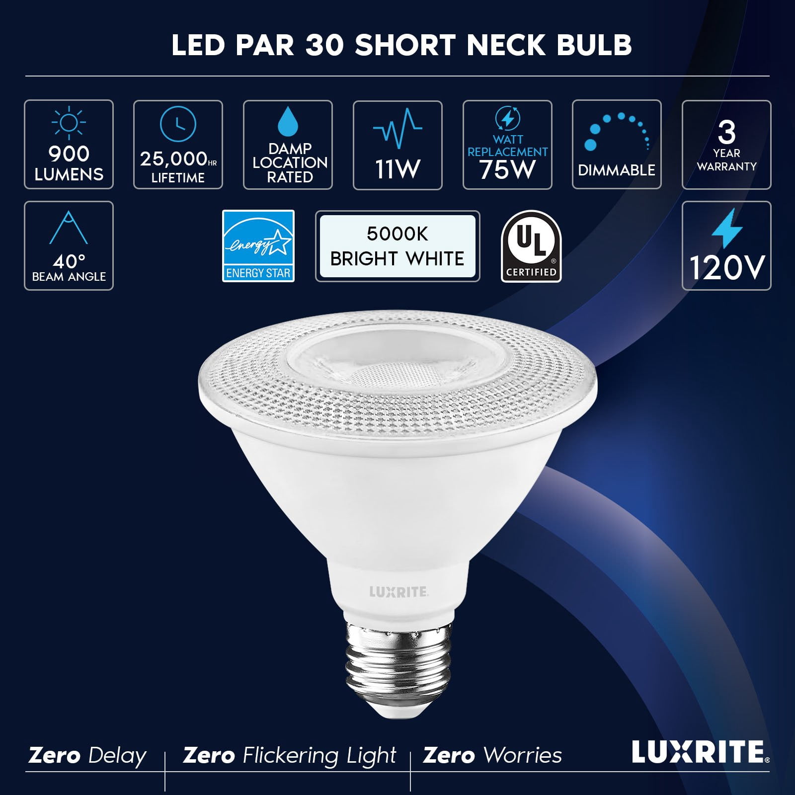 Luxrite PAR30 Short Neck LED Flood Light Bulb, 11W=75W, 5000K Bright White, 900LM, Dimmable, UL, E26 Base 6 Pack