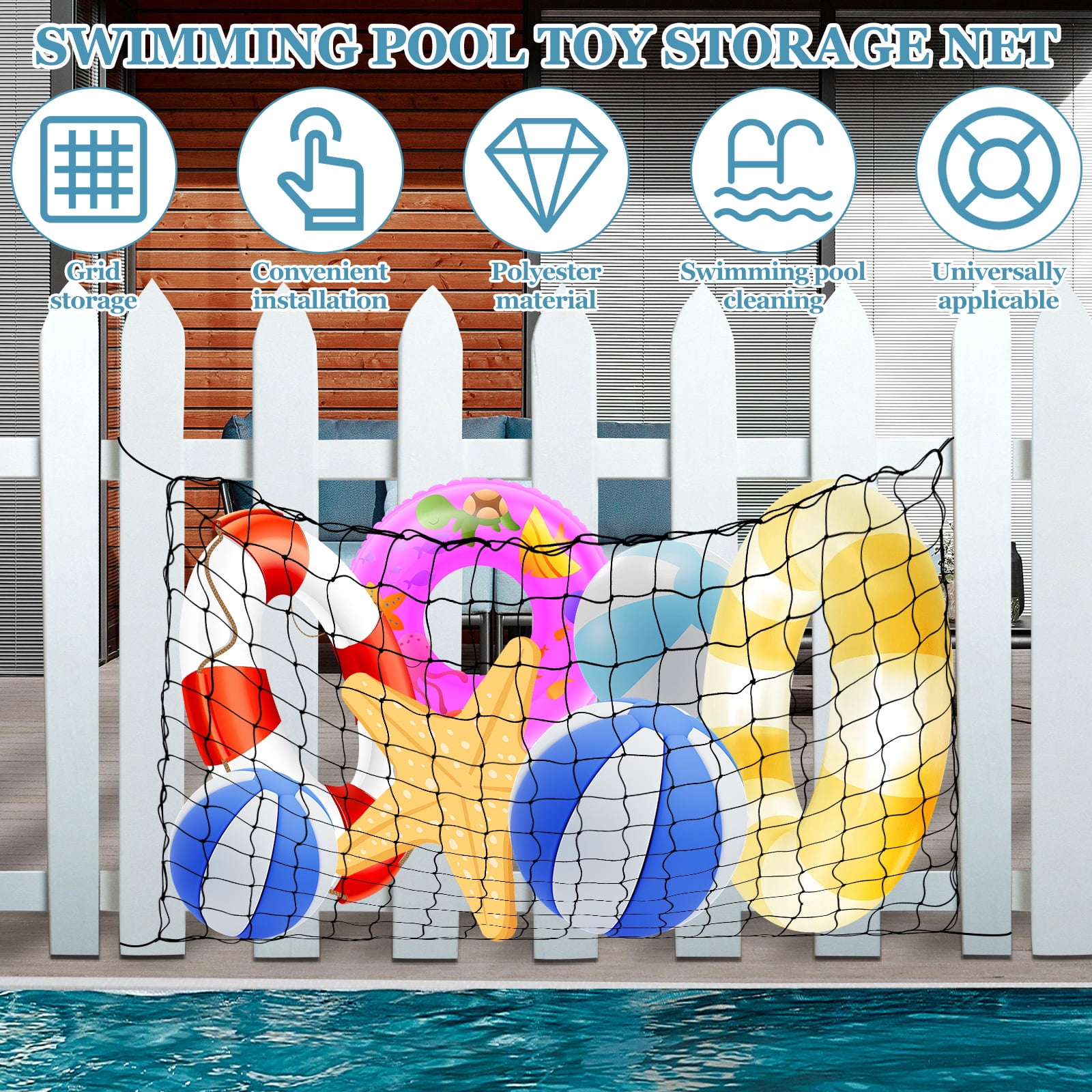 Grusce Pool Float Net Storage Bag, 71" x 45" Large Hanging Pool Toy Storage Mesh Net, Adjustable Poolside Fence Organizer for Swimming Ring Balls Inflatables with 10 Hooks & 10 Cable Ties