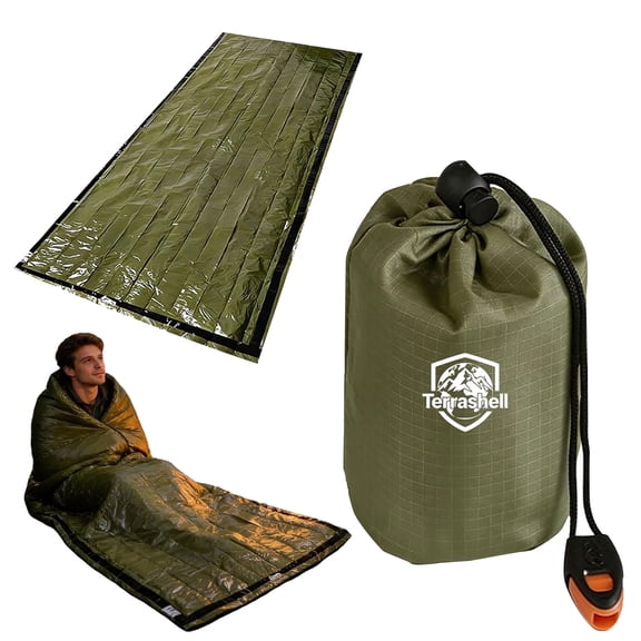 TerraShell Blanket, Sleeping Bag, Emergency Sleeping Bag Survival, Waterproof, Compact Lightweight, Emergency Mat for Survival Kit Car Camping Gear Hiking Go (1PC, Green,0.25 µm)