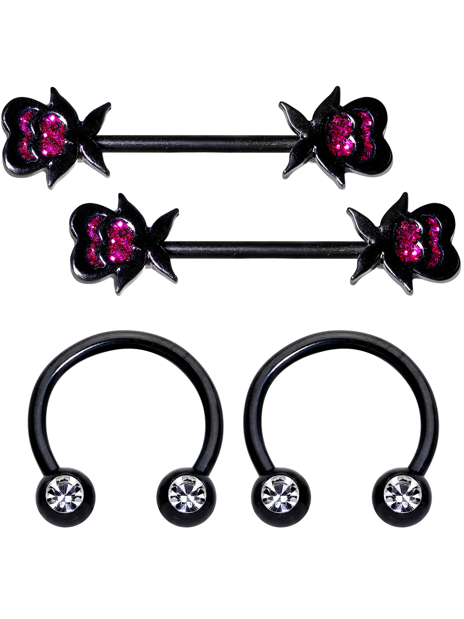 Body Candy 4Pc 14G Nipplerings Piercing Black Steel Heart Clear Accent
