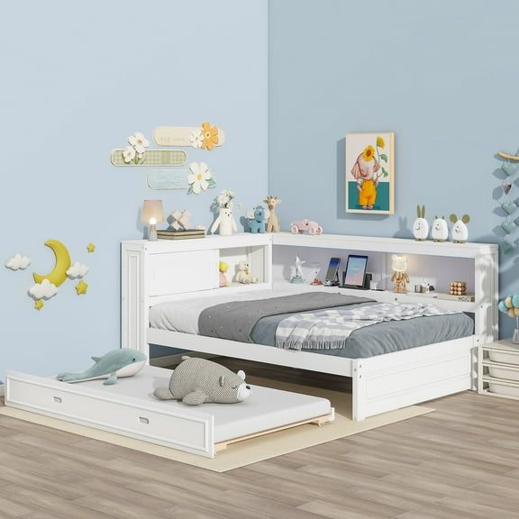 Euroco Wood Full Size Daybed with Storage Shelves and Trundle, USB Charging and LED Light, White