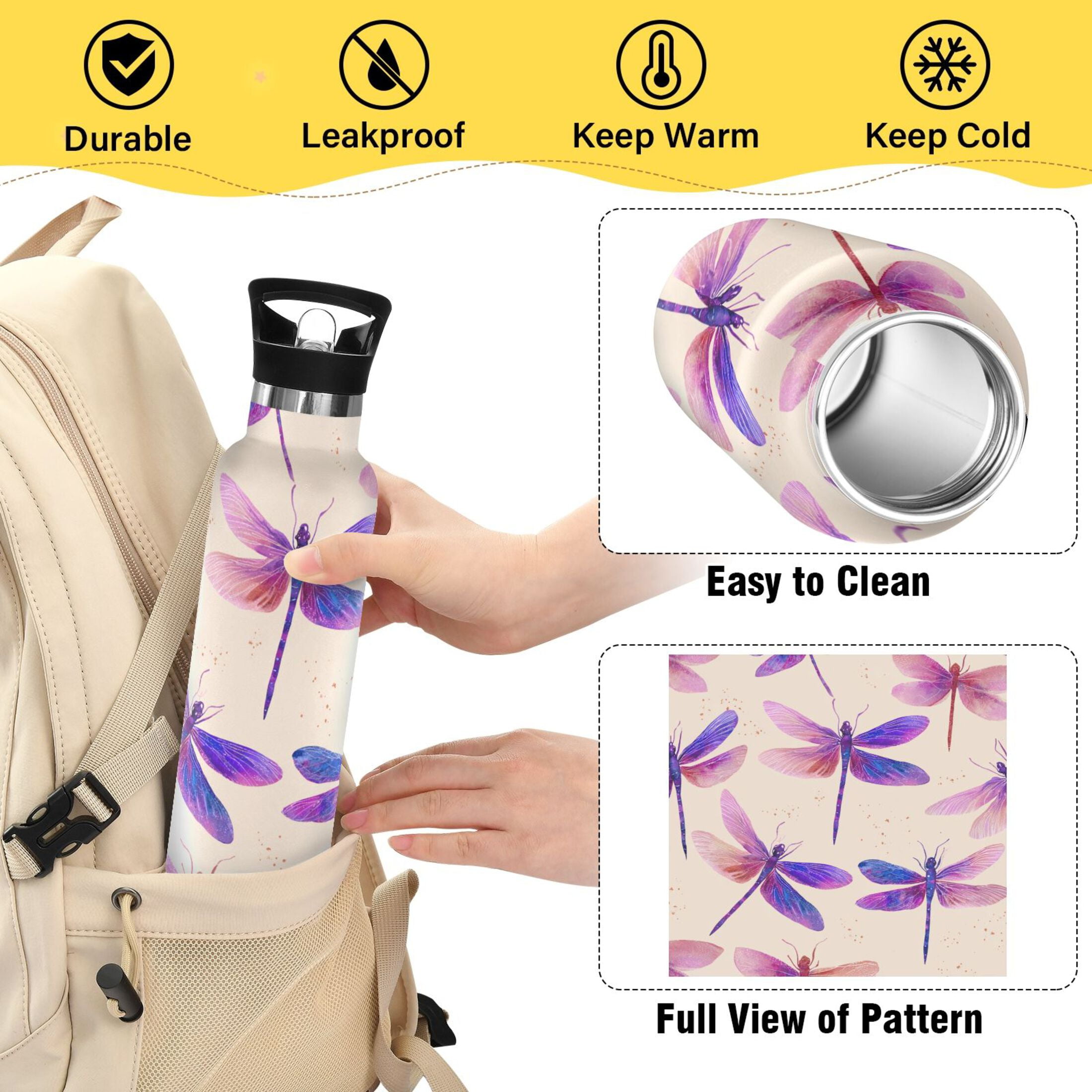 600ML Stainless Steel Insulated Cup Sports Water Bottle Portable Thermos Cup Water Glasses Insulated Tumblers Convenient and Durable Beautiful Purple Dragonfly
