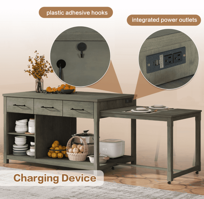 Euroco Expandable Retro Kitchen Island with Hidden Countertop Extension, Power Outlets & USB Ports – 3 Drawers, Open Shelves, Solid Wood Frame