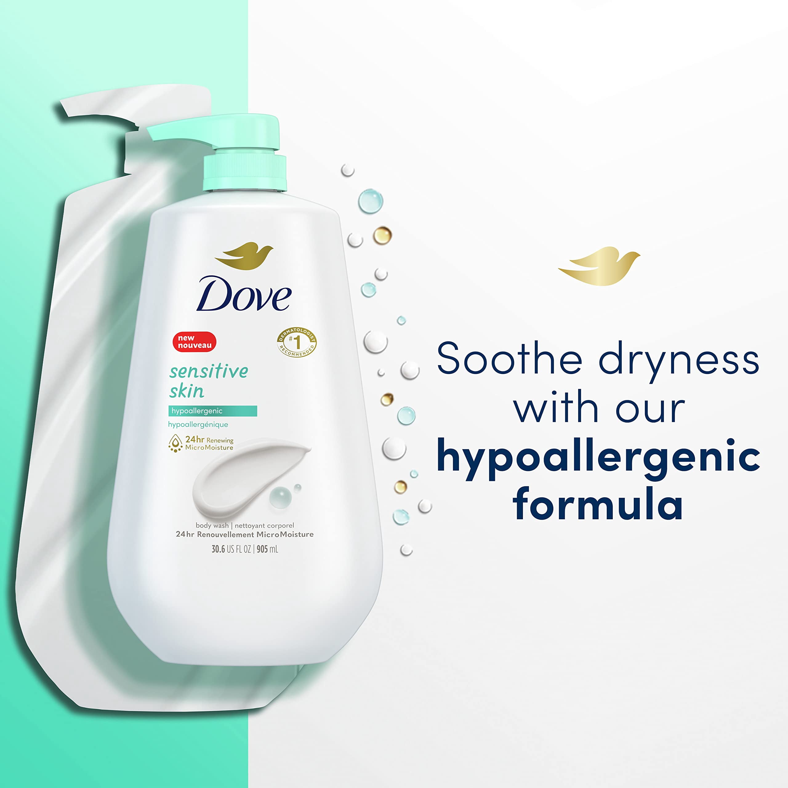 Dove Body Wash With Pump Sensitive Skin 3 Count Hypoallergenic, Paraben-Free, Sulfate-Free, Cruelty-Free, Moisturizing Skin Cleanser Effectively Washes Away Bacteria While Nourishing Skin 30.6 fl oz