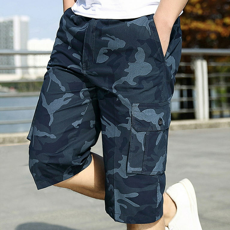 VSSSJ Cargo Shorts for Men Slim Fit Fashion Camouflage Print Elastic Waist  Zipper Buttons Five Point Multi-Pockets Short Pants Leisure Quick Dry
