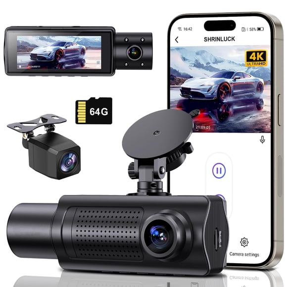 Cámara para auto SHRINLUCK X5 4K+1080P de 3 canales con WiFi y 64 GB