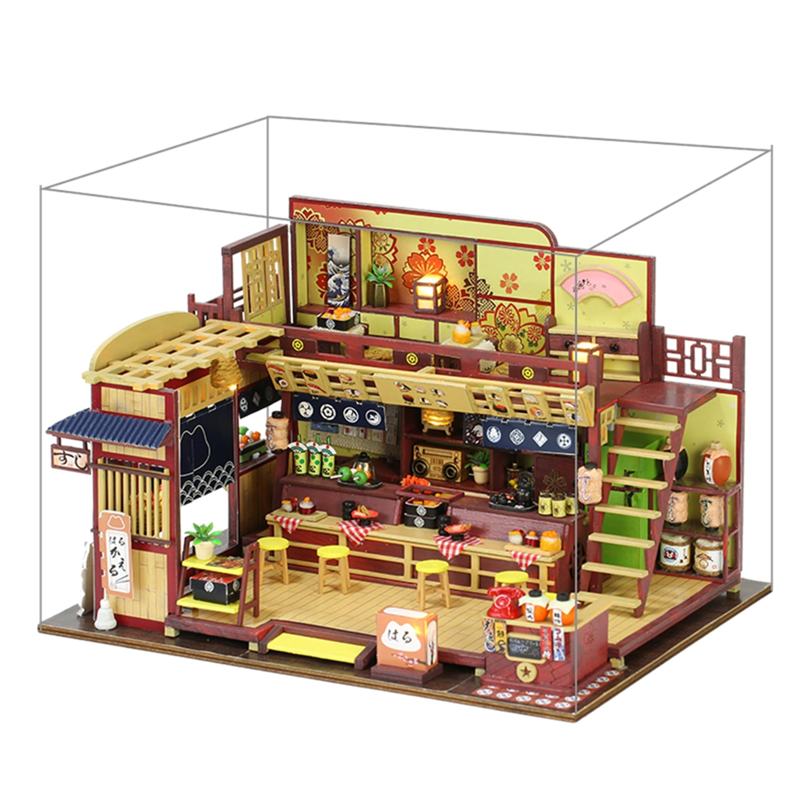 Architecture Model Kit for Kids and Adults DIY Miniature Japanese Style Assembled Loft 1:24 Miniature DIY Dollhouse Kit with Wooden Furniture and Dust Cover