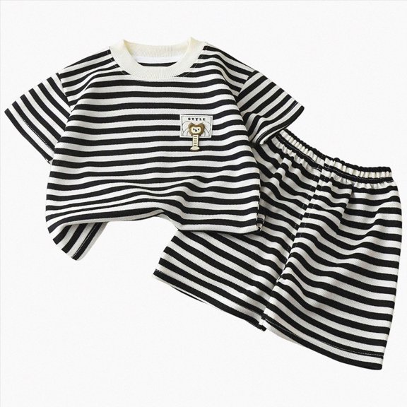 Xudanell Newborn Boy Outfits Round Neck Striped Printing Boy Short Sleeve Set Tee And Shorts Baby Clothes White 12-18 Months
