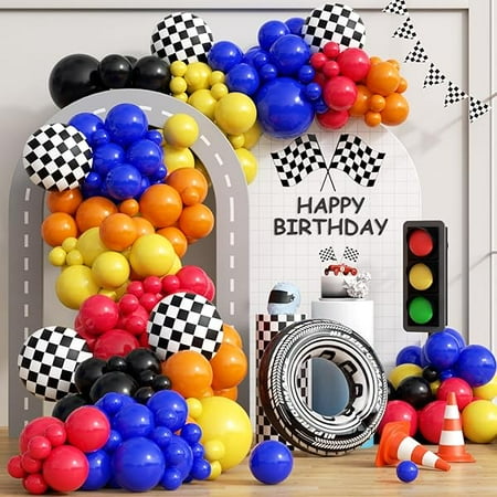 132pcs Race Car Balloon Arch Kit, Race Car Party Decorations with Black Blue Yellow Red Orange Balloons Checkered Wheels Foil Balloons for One Two Fast Race Car Birthday Party Decorations for Boys