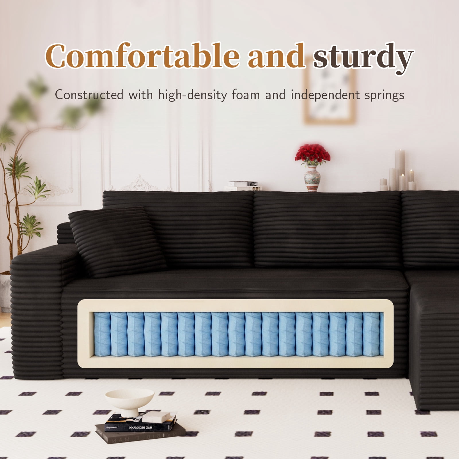 Lunale 105" Modular L-Shaped Sectional Sofa, Boneless Cloud Couch, No Assembly Required, Modern Deep Seat Corduroy Sofa for Living Room, Black (Right Facing Chaise)