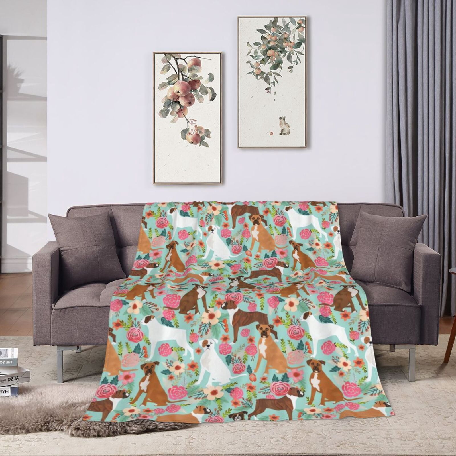 Wijzvio Boxer Dogs Lovers Flower Floral Throw Blanket Soft Fuzzy Fleece Blanket For Couch Bed Living Room Decoration 50"X40"