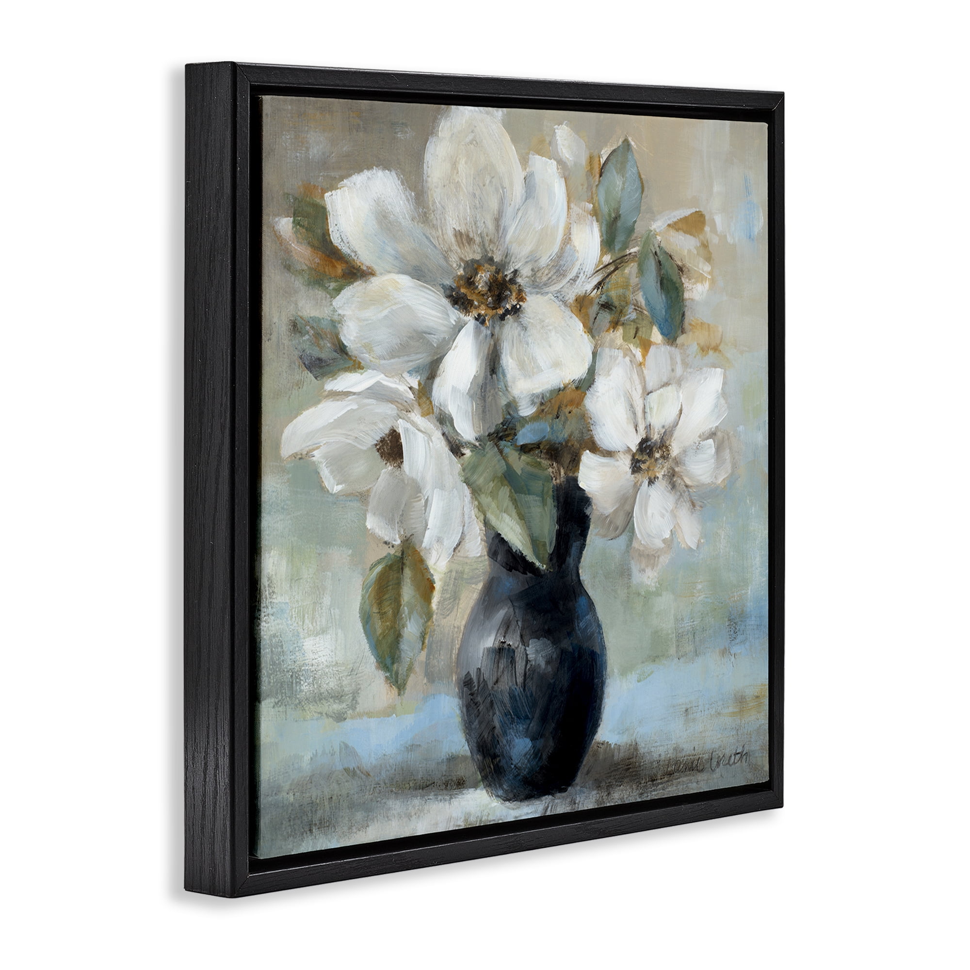 Stupell Industries Flowers in Black Vase Plants & Flowers Painting Black Floater Framed Canvas Art Print Wall Art, 18 x 18