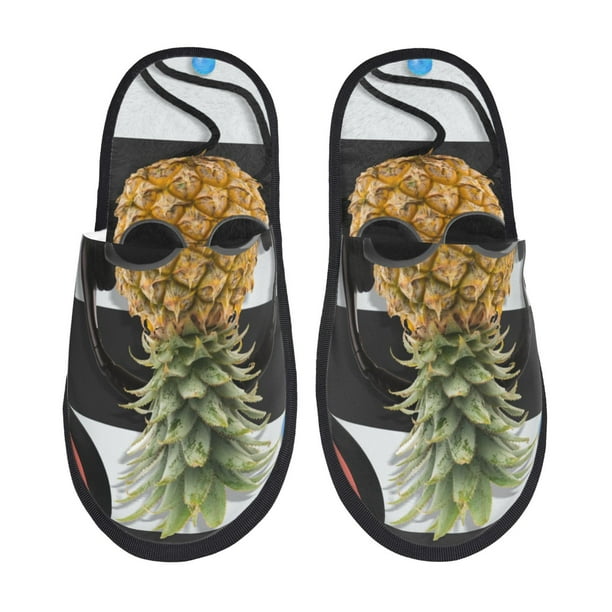 Fotbe Pineapple With Black Glasses Pantuflas Peludas para Mujer con Estampado, Zapatillas de Peluche, Zapatos de Invierno para Casa, Uso Interior y Exterior-Large
