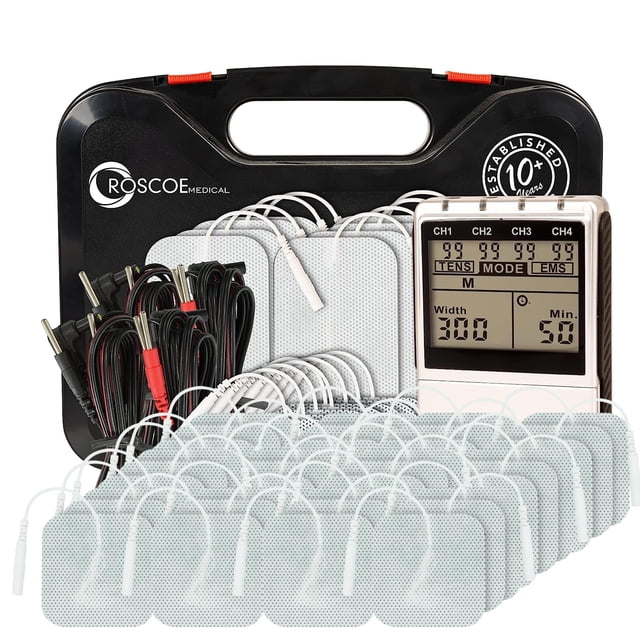 Estimulador muscular Roscoe Medical de 4 canales EMS y TENS con paquete de 48 electrodos