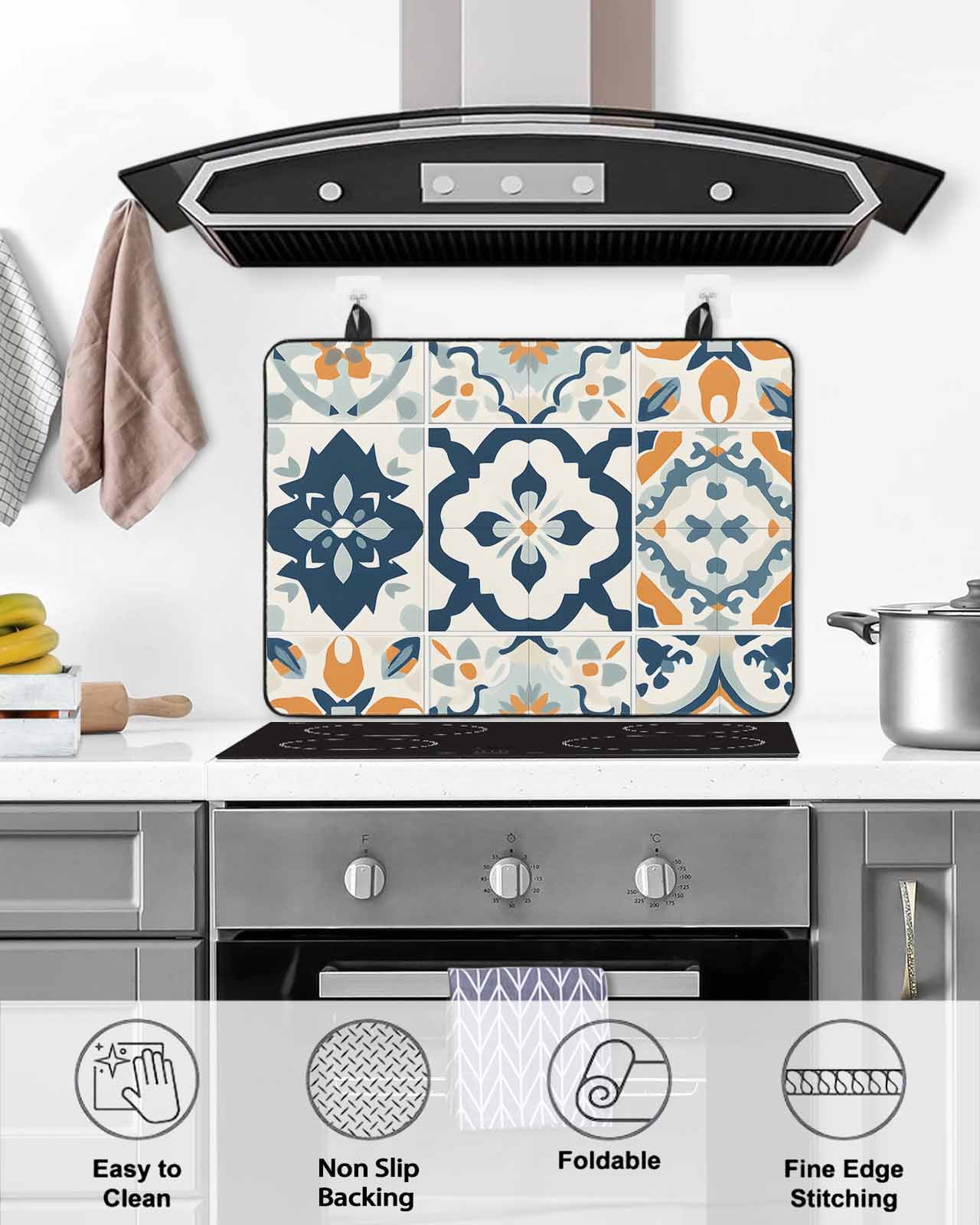 nqOlkjepod Large Induction Cooktop Protector Mat 24"x21", Ethnic Plaid Stove Top Covers for Electric Stove, Modern Rustic Abstract Geometric Art Stove Burner Cover Mats, Glass Top Stove Cover