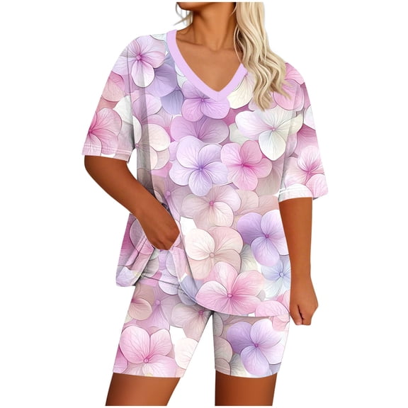 Enjoytime Summer Outfits for Women 2026 Print Short Sleeve Tops with Shorts 2 Piece Sets Casual Plus Size Lounge Set