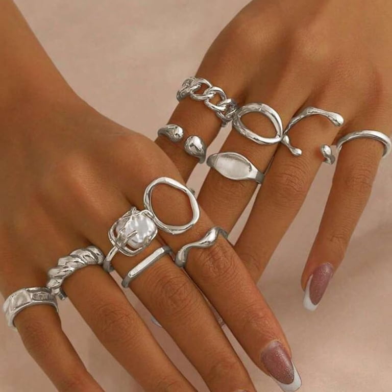 Chunky Pearl Rings For Women - Adjustable Gold Thick Thumb & Knuckle Rings, Non-Tarnish Statement Jewelry Gift Set