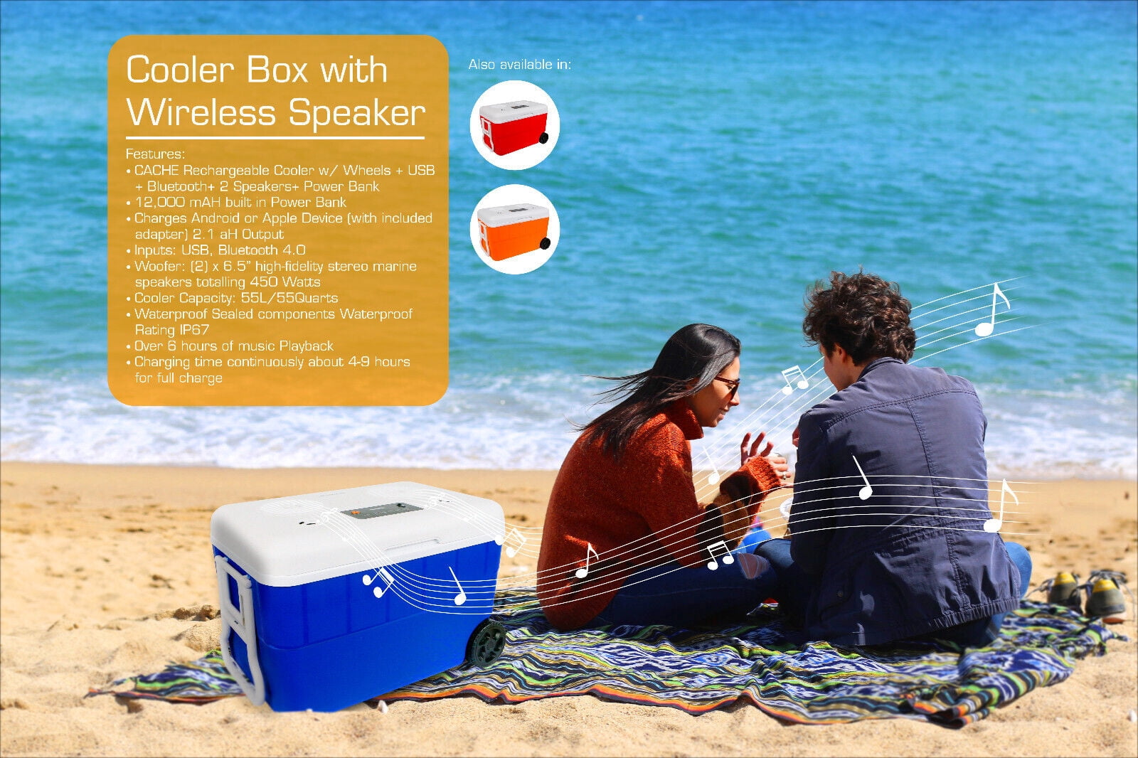 Cerwin Vega Orange Ice Cooler With Bluetooth Speakers USB Charging 55 Quart CVC65O