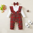 thumbnail image 2 of Kucnuzki Infant Baby Girl Romper 12-18 Months Ruffle Long Sleeves Bodysuit Bowknot Plaid Fake 2pcs Romper + Headband Red, 2 of 10
