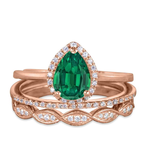JeenMata 2 Carat Teardrop Colombian Emerald Halo Wedding Trio Ring Set in 18k Rose Gold over Silver