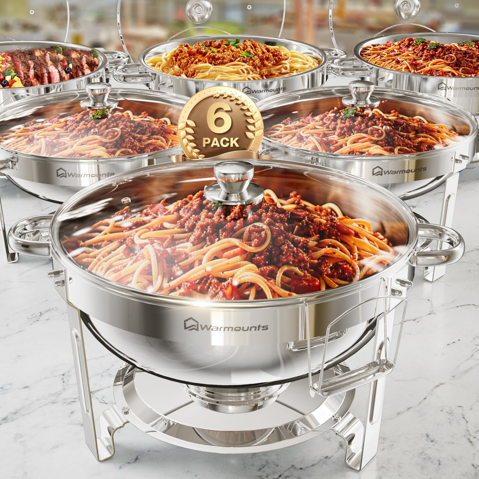 WARMOUNTS Round Chafing Dish Buffet Set 6 Pack, 5QT Buffet Chafe Warmer Set, Polished Stainless Steel Chafing Dish for Buffet with Glass Lid & Holder for Party Events, No Finger Cuts