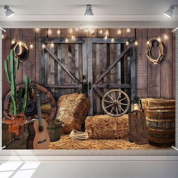 7X5ft Western Cowboy Backdrop Western Party Decorations Wild West Vintage Wooden House Barn Door Photography Background Cowboy Theme Party Decor Banner