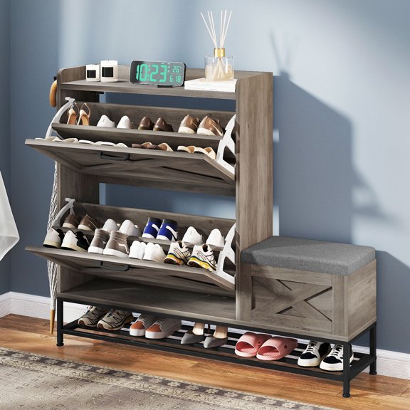 Uforic Farmhouse Narrow Slim Shoe Storage Cabinet with 2 Flip Drawers&Shoe Bench for 16 Pairs for Entryway, Foyer, Washed Grey