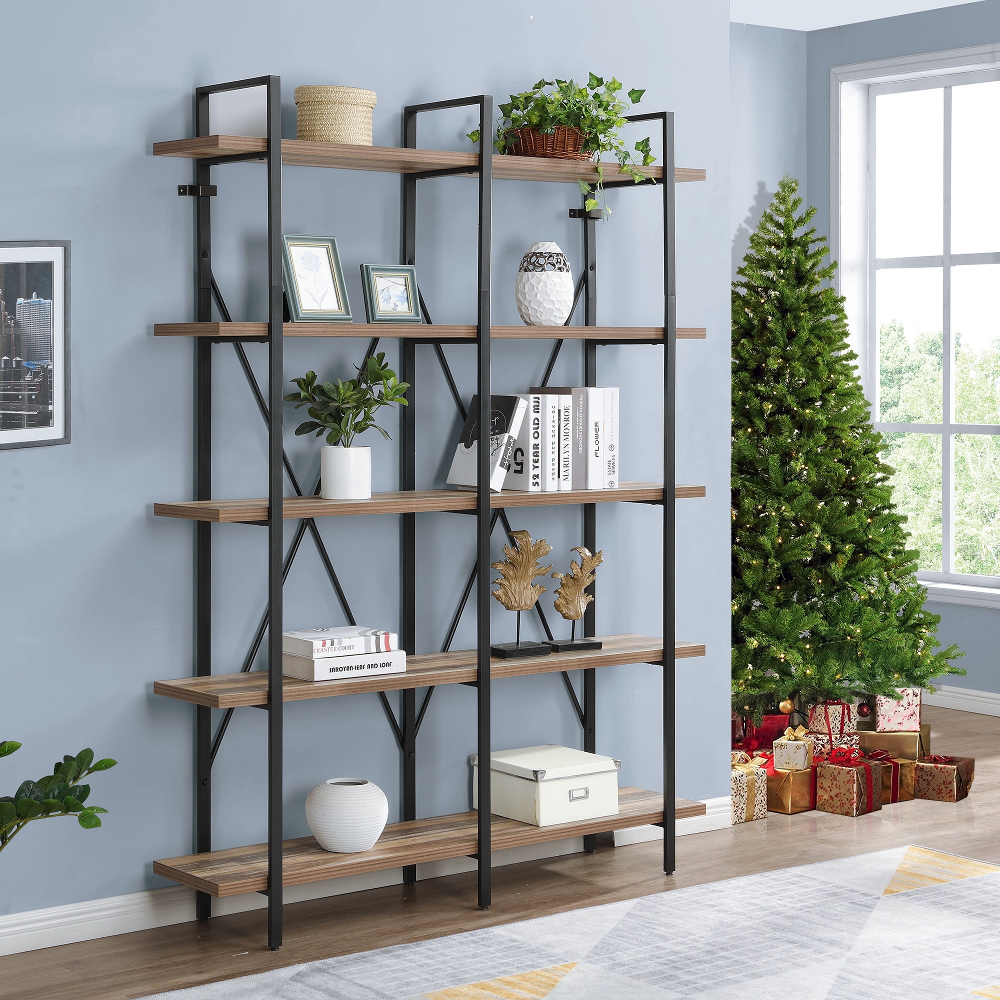 Double 5-Tier Bookshelf Multifuction with Open Design Metal Bookcases Furniture 
