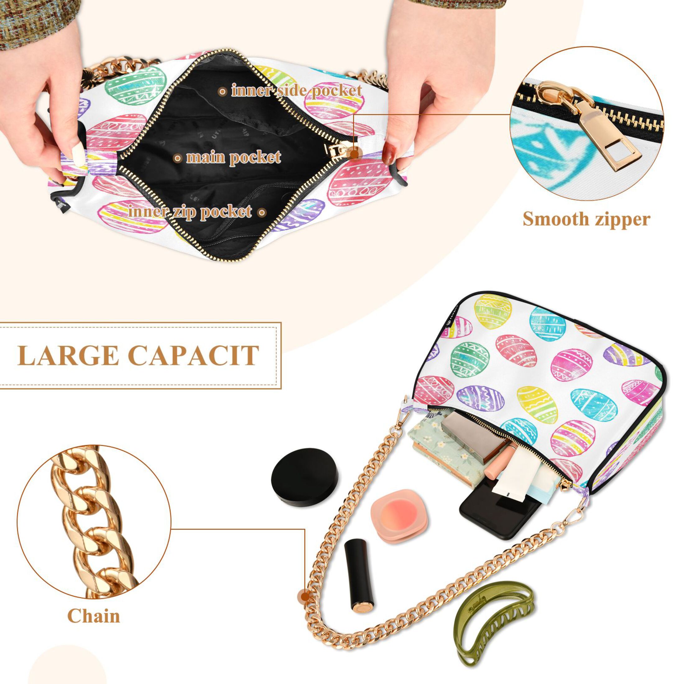 Ryvnso Art Eggs Womens Chain Shoulder Bag Tote Handbags Clutch Hobo Purse with Zipper for Travel