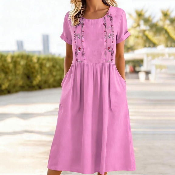 QUNYINEY Long Women's Dresses Floral Cotton Linen Embroidered Short Sleeve A Line Dress with Pockets Loose Fit Summer Casual Crew Neck Dresses
