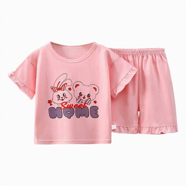 COMVALUE Pyjama d'Été pour Fillette, 2 Pcs, Haut à Manches Courtes, Tenue de Nuit Confortable et Ajustée, Rose, pour Taille 9-10 Ans