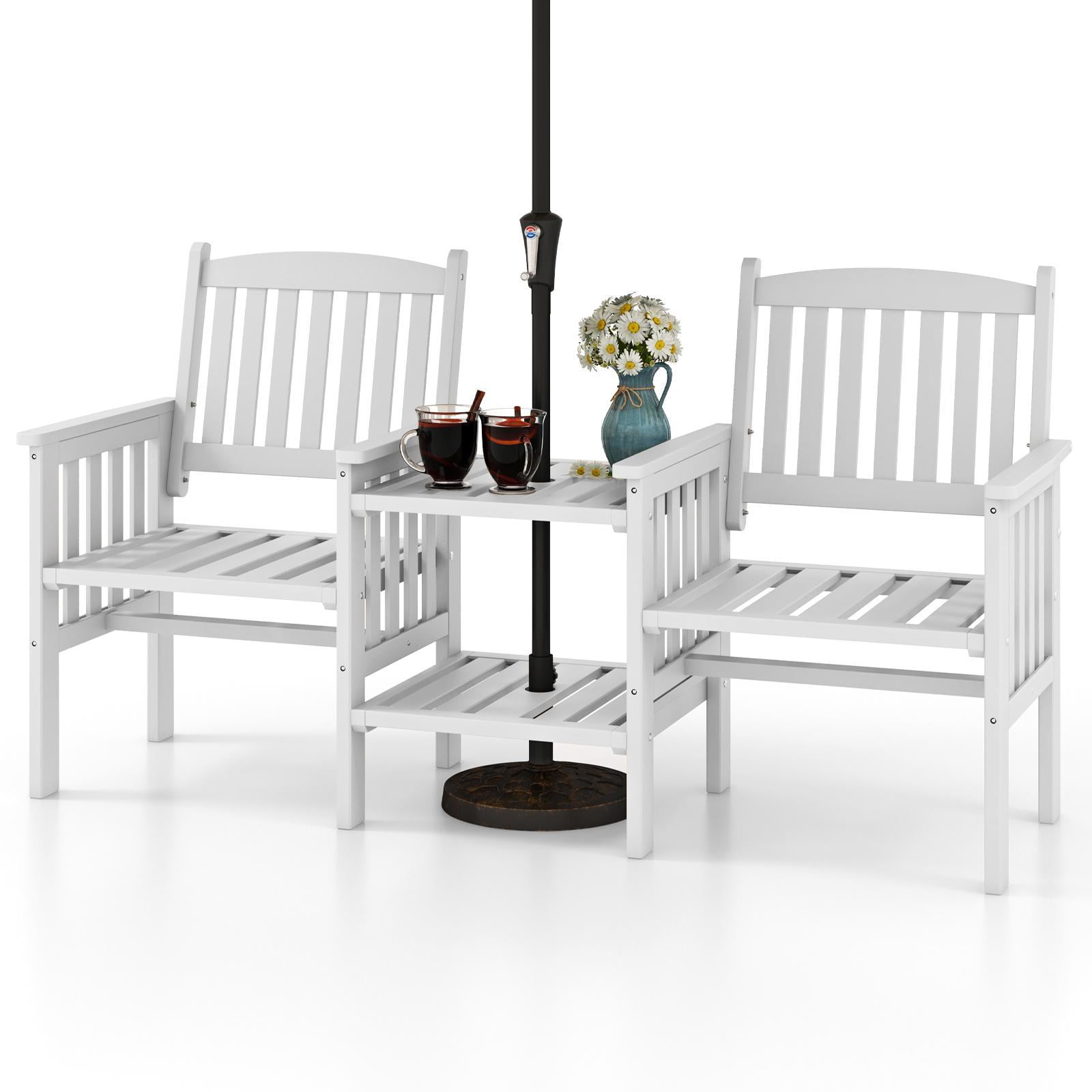 Hommoo Fir Wood Outdoor Patio Bench Loveseat with Side Table & Umbrella Hole, White