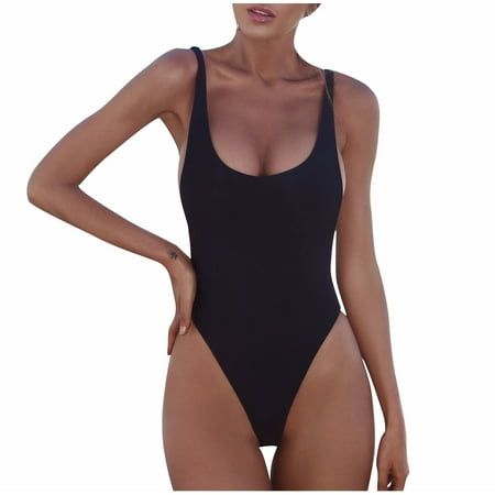 Women s Retro Scoop Neck One Piece Swimsuits High Cut Low Back Bathing Suits Swimwear Bodysuit Monokini Beachwear