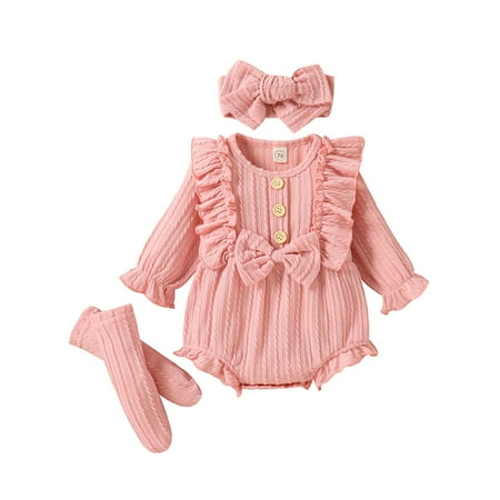 

PBaeM Infant Girls Ruffle Ribbed Romper & Headband & Socks Fancy Cute Outfit Sets