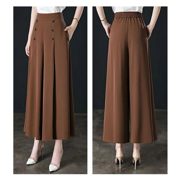 Pantalones de falda de cintura alta para mujer en tallas grandes, cintura elástica, corte holgado, sensación de caída, piernas anchas, pantalones de nueve puntos, pantalones de mamá