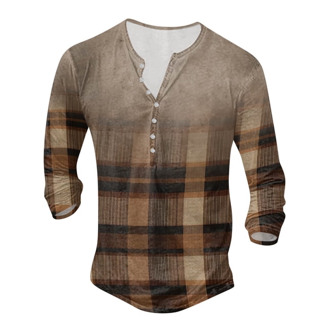 T-Shirt Men Patchwork Color Crew Neck Button Up Large Size Digital Printed Long Sleeve Men Shirts Yellow M