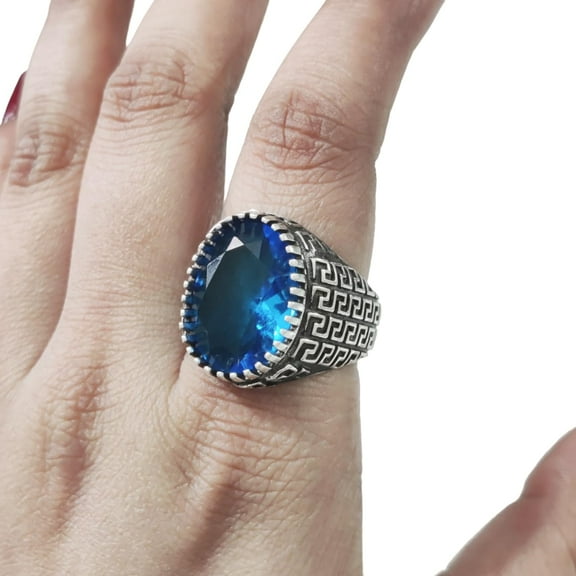 Blue Topaz Mens Ring, Natural Swiss Blue Topaz, November Birthstone Topaz, Silver Jewelry, 925 Silver Ring, Birthday Gift, Heavy Mens Ring, Arabic Oxidized Mans Ring, Christmas, Mens Signet Ring