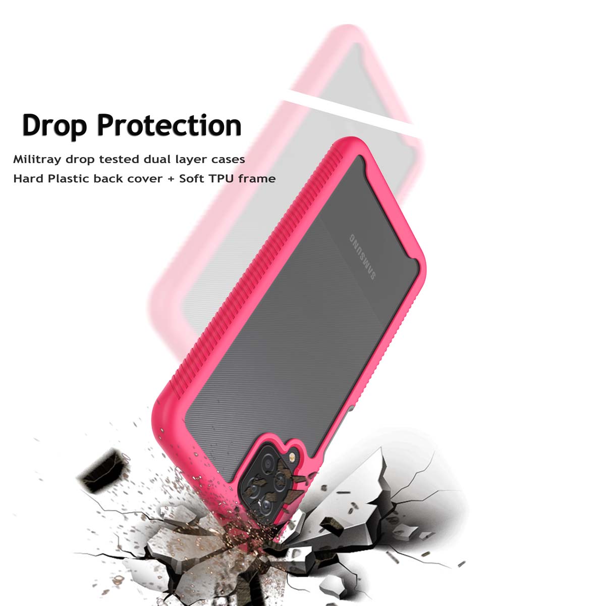 Galaxy A12 5G Case, Sturdy Case for 2021 Samsung Galaxy A12 5G, Njjex Full-Body Rugged Transparent Clear Back Bumper Case Cover for Samsung Galaxy A12 5G 6.5" 2021 -Hot Pink - image 4 of 10