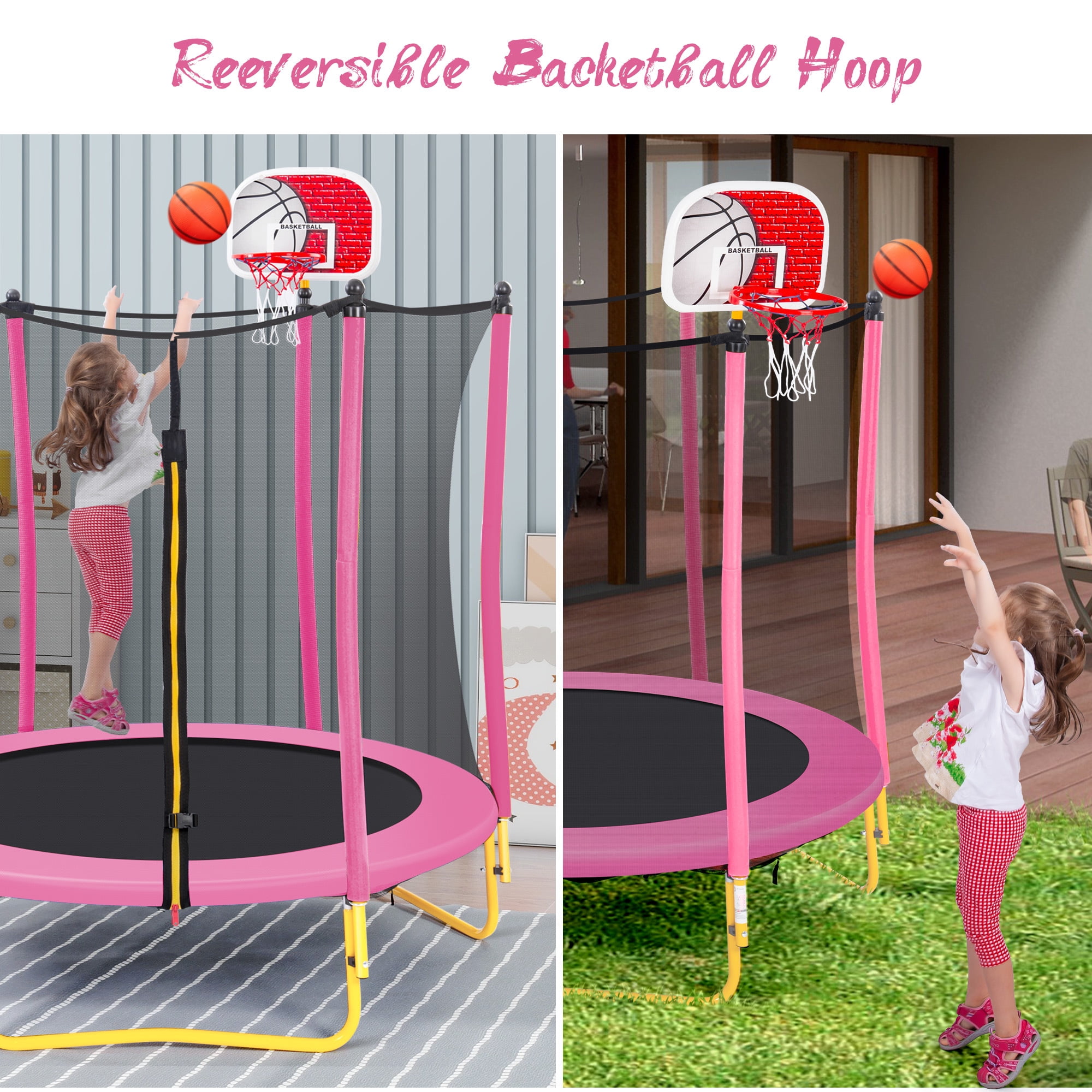 Trampoline for Kids, 65" Toddler Mini Trampoline with Enclosure Net, 5.5FT Indoor/Outdoor Kids Trampoline with Basketball Hoop/Basketball for Boys Girls Age 1-8, Pink
