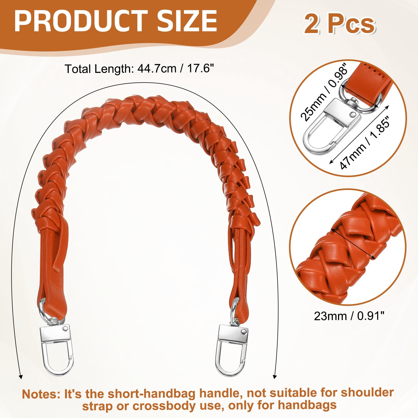 Braided Purse Strap, 2Pack 44.7cm/17.6" Orange PU Leather with Silver Buckles for Underarm Bags, Handbags