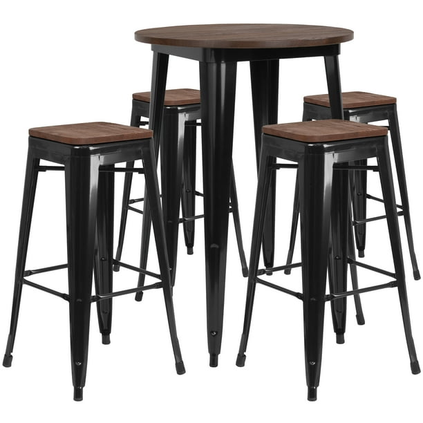 30 Round Black Metal Wood Bar Table Set 4 Backless Stools Com 30 Round Black Metal Wood Bar Table, Wood Bar Table And Chairs